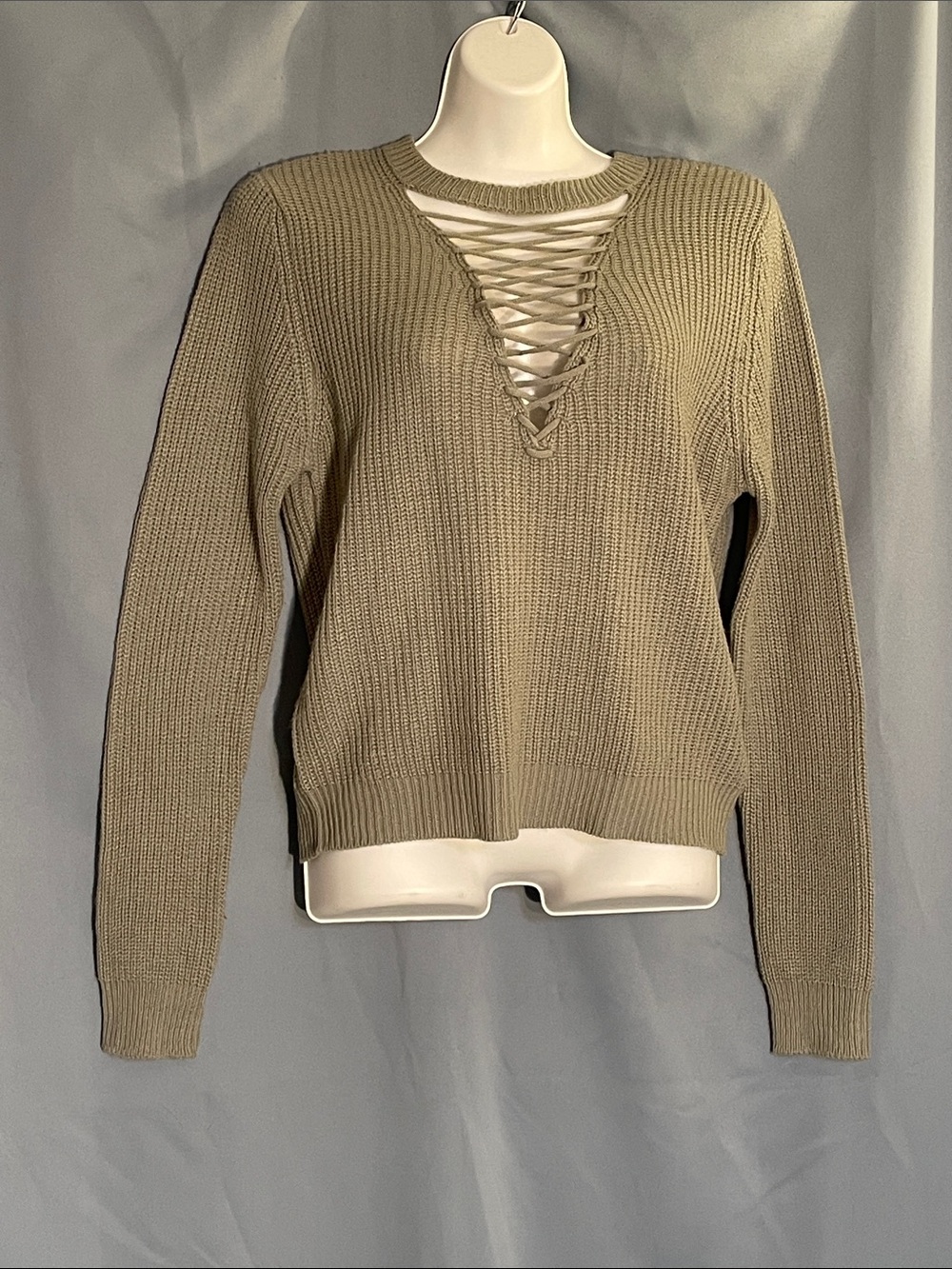 Poof! Grey Lace-Up V-Neck Ribbed Sweater